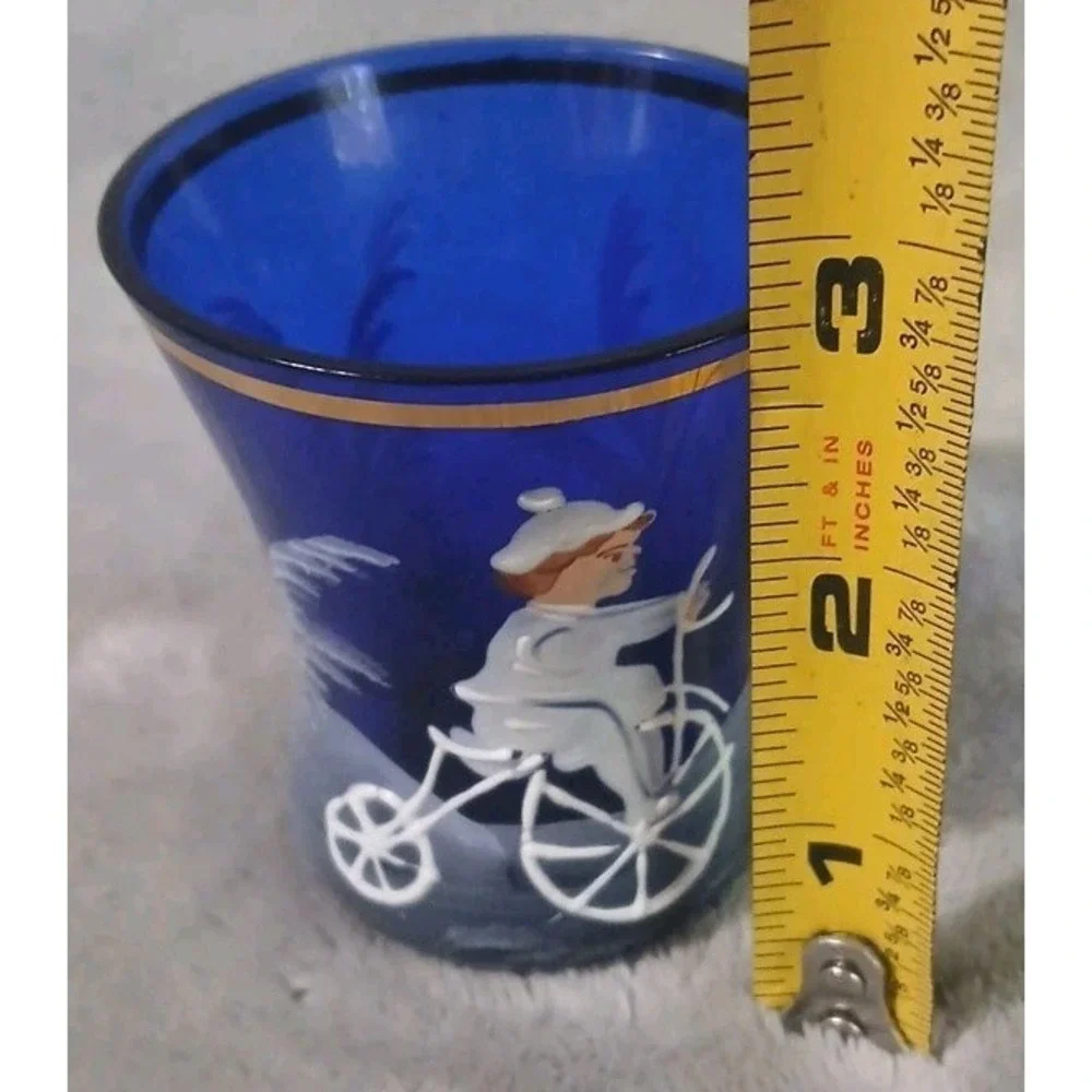Vtg Mary Gregory Toothpick Holder Cobalt Blue Glass Child Bicycle Hand Painted‎